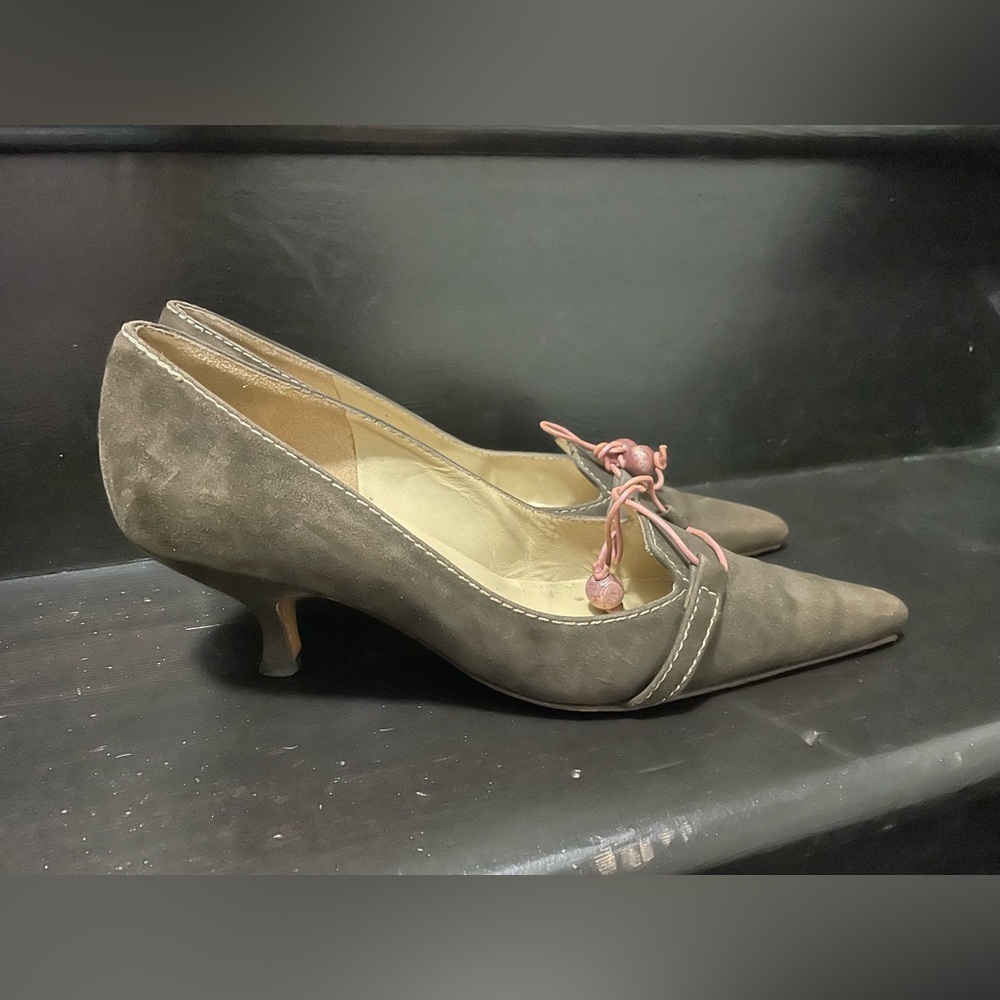 Classic Taupe Suede Pointed Toe Kitten Heels with Bow